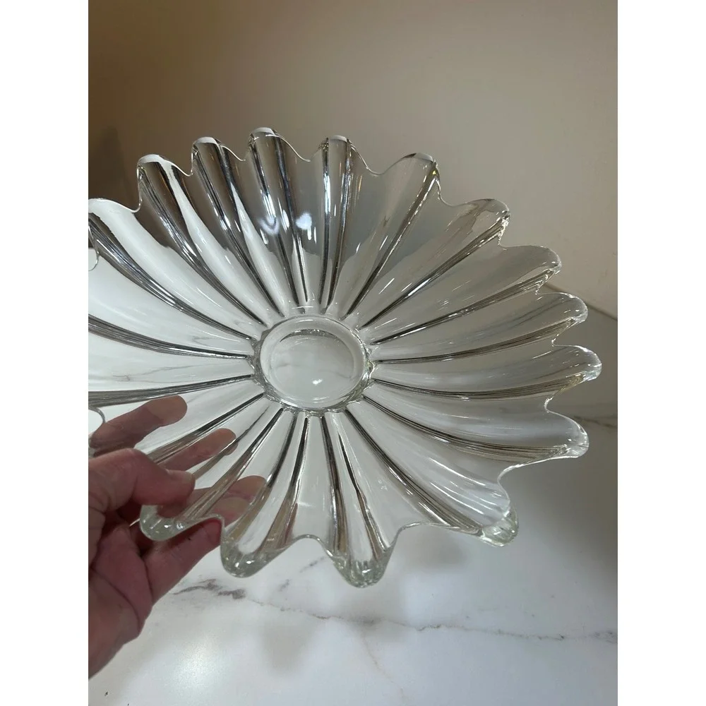 Vintage Clear Glass Sunburst Bowl Scalloped Petal Rim Centerpiece 12 Inch